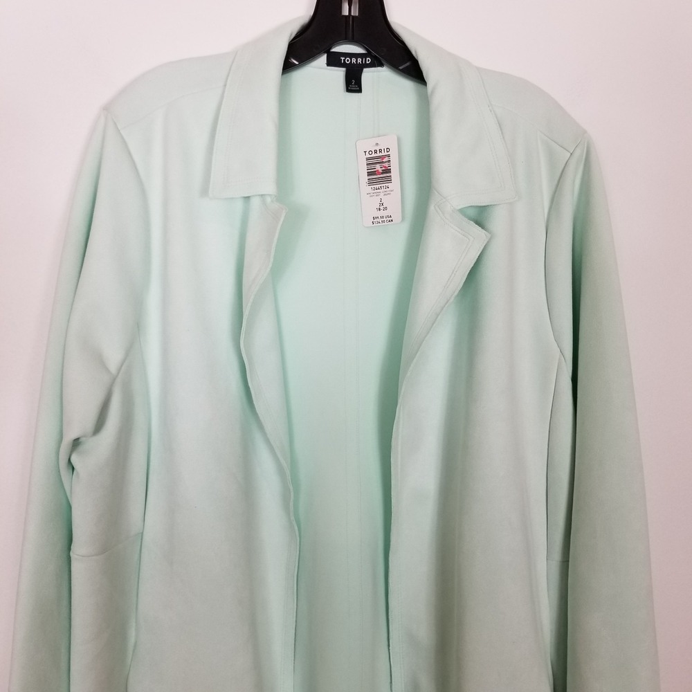 Torrid Mint Green Faux Suede Longline Jacket Sz 2X Open Front - Picture 2 of 10